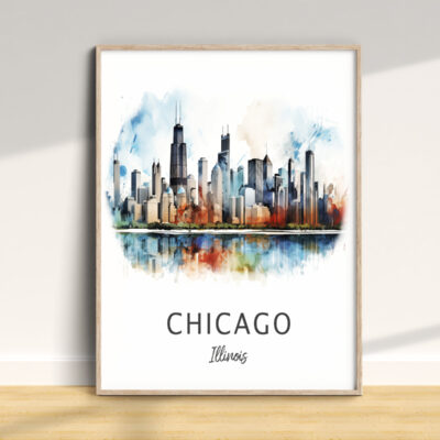 Chicago skyline watercolor art in a frame.