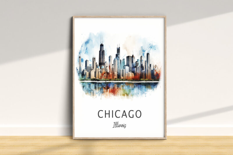 Chicago skyline watercolor art in a frame.