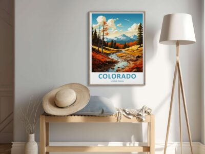 Cozy room with Colorado landscape poster.