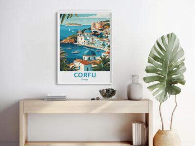Decorative Corfu poster in modern interior space.