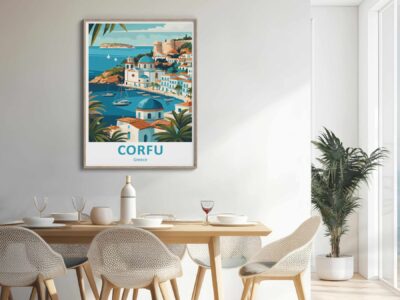 Dining area with Corfu poster on wall.