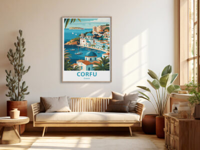 Cozy room with Corfu travel poster on wall.