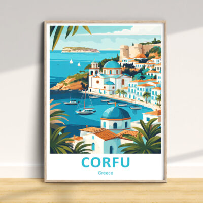 Illustration of scenic Corfu, Greece coastline
