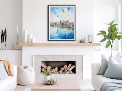 Modern living room with framed cityscape painting.