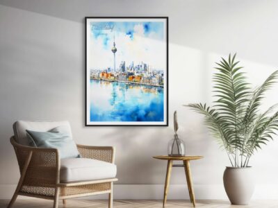 Living room with framed cityscape art.