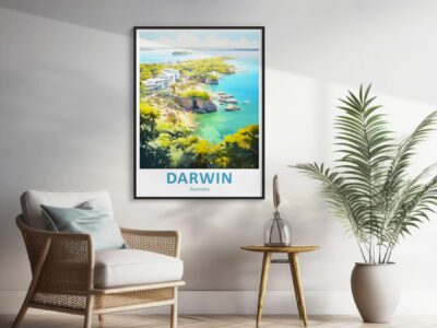 Cozy room with Darwin Australia poster.