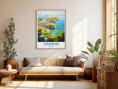 Modern living room with Darwin Australia poster