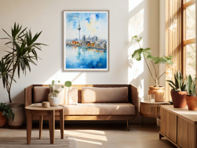 Modern living room with Düsseldorf painting and plants.