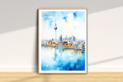 Framed Düsseldorf skyline watercolor art on wall.