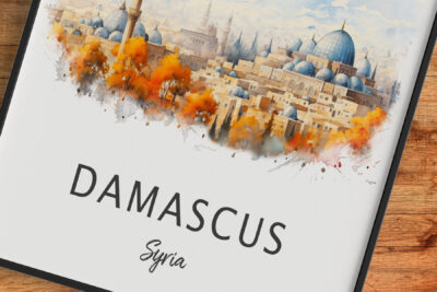 Artistic illustration of Damascus, Syria skyline.