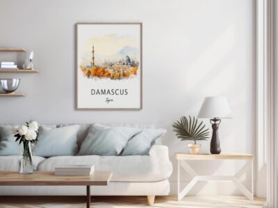 Elegant living room with Damascus art on wall