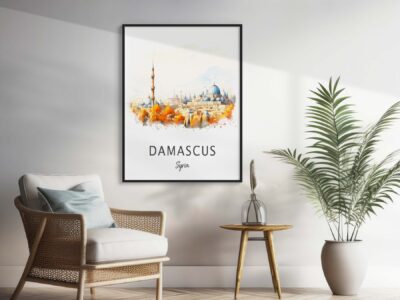 Damascus framed artwork in modern living room.