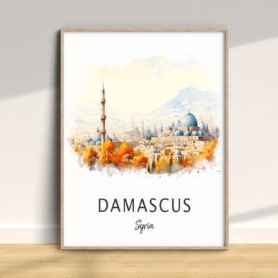 Watercolor of Damascus skyline with orange foliage
