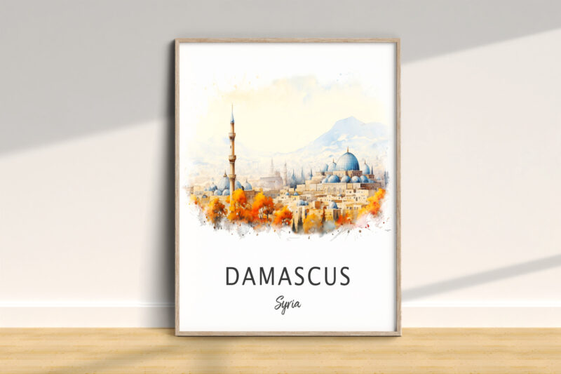 Watercolor of Damascus skyline with orange foliage