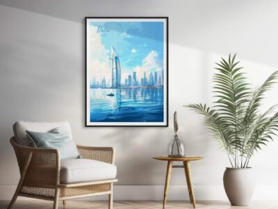 Framed Dubai skyline artwork in modern living room
