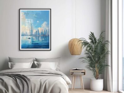 Framed Dubai skyline artwork in modern bedroom.