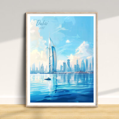 Framed blue cityscape artwork of Dubai skyline