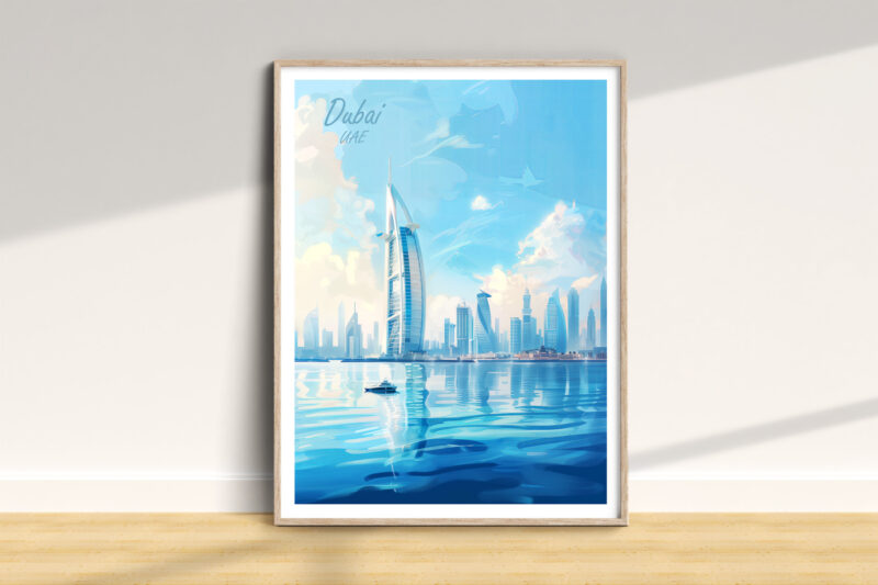 Framed blue cityscape artwork of Dubai skyline