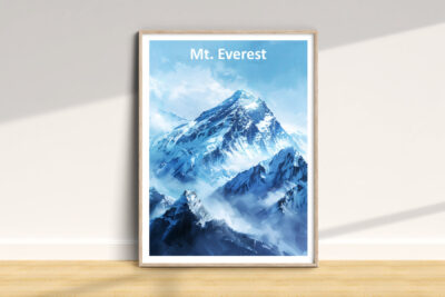 Framed Mount Everest painting on floor.