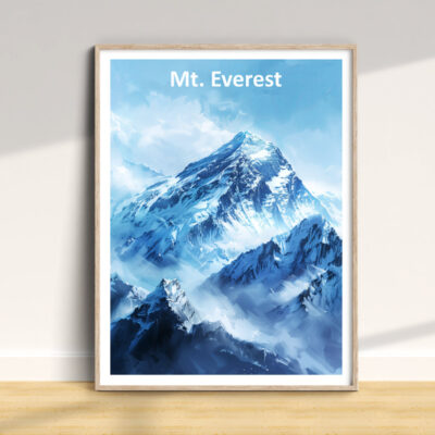Framed Mount Everest painting on floor.