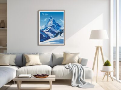 Bright living room with mountain artwork on wall.