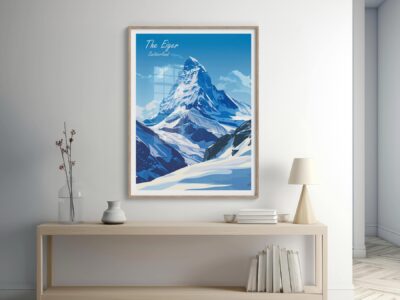 Room with Eiger mountain artwork on wall.