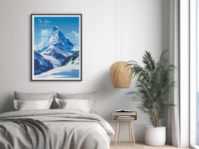 Bedroom with mountain poster and plant decor.