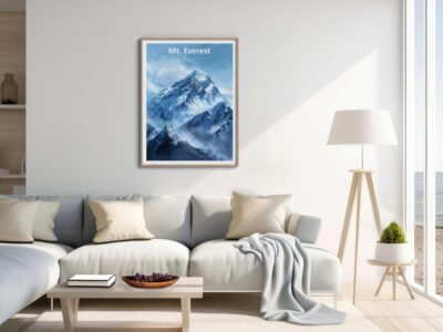 Living room with Mt. Everest framed artwork.