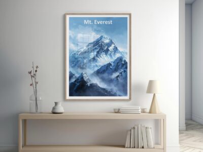 Framed Mt. Everest artwork on wall above console.