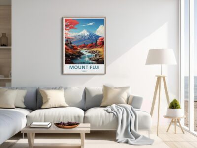 Modern living room with Mount Fuji poster.