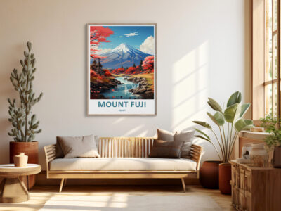 Cozy living room with Mount Fuji poster.