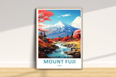 Mount Fuji artwork with river and autumn trees.
