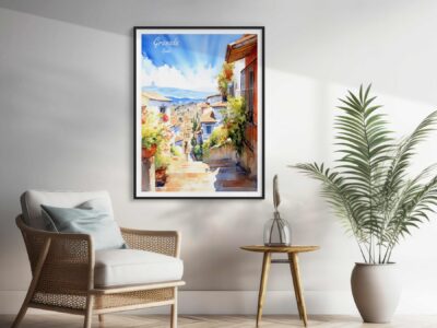 Framed Granada street painting in modern living room.