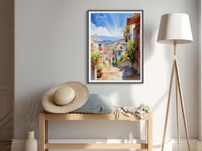Framed painting of a sunny street scene.