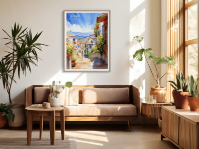 Cozy living room with plants and Granada artwork.