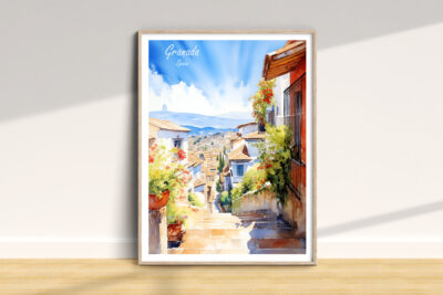 Watercolor of Granada, Spain street and houses.