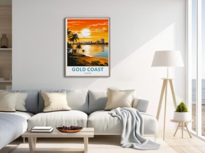 Modern living room with Gold Coast poster decor.