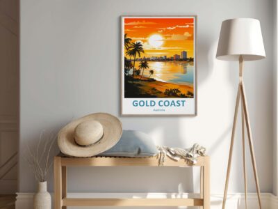 Minimalist interior with Gold Coast poster, hat, and lamp.