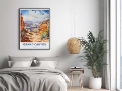 Bedroom with Grand Canyon poster and potted plant.