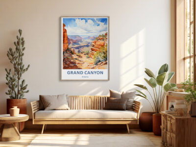 Living room with Grand Canyon poster and plants.