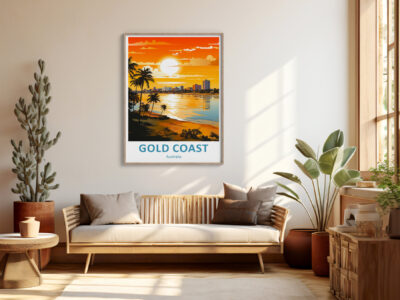 Cozy living room with Gold Coast poster art.