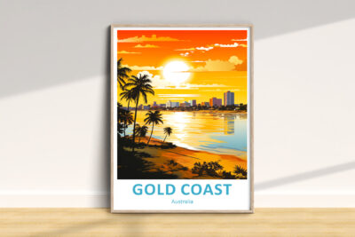 Gold Coast sunset illustration with palm trees, Australia.