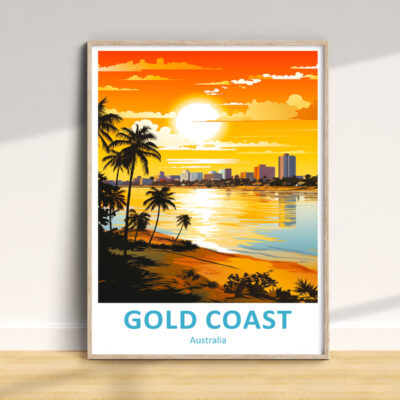 Gold Coast sunset illustration with palm trees, Australia.