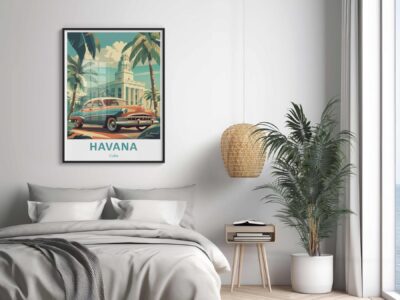 Bedroom with Havana poster and decor.