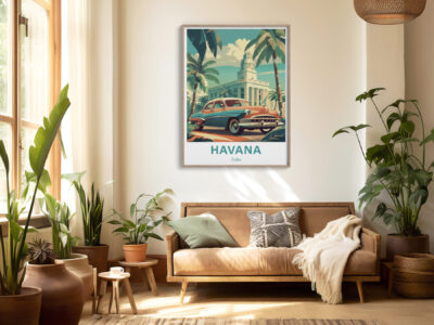 Cozy living room with Havana poster and plants.