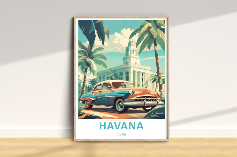 Retro car and palm trees, Havana poster