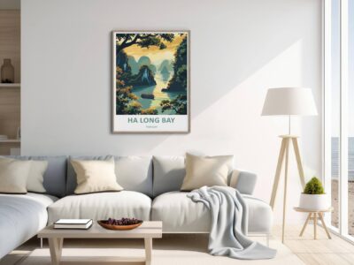 Modern living room with Ha Long Bay poster.