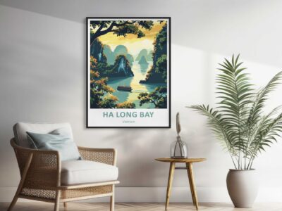 Framed Ha Long Bay poster on living room wall.