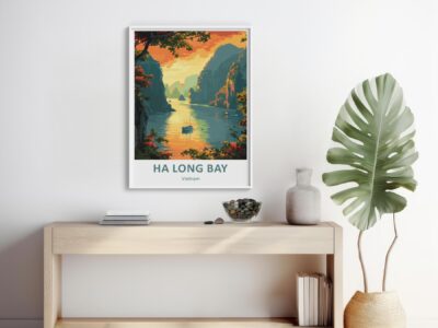 Ha Long Bay poster on minimalist shelf