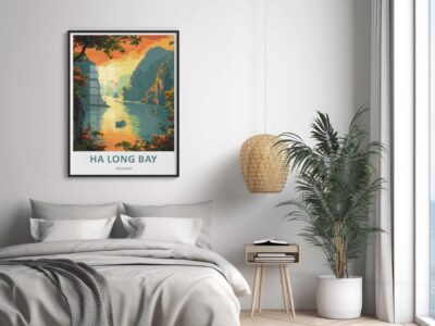 Bedroom with Ha Long Bay poster on wall.
